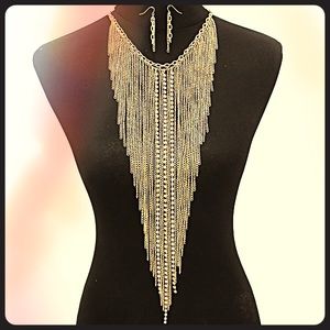 Long Multi Gold Chain Necklace and Earrings Set
